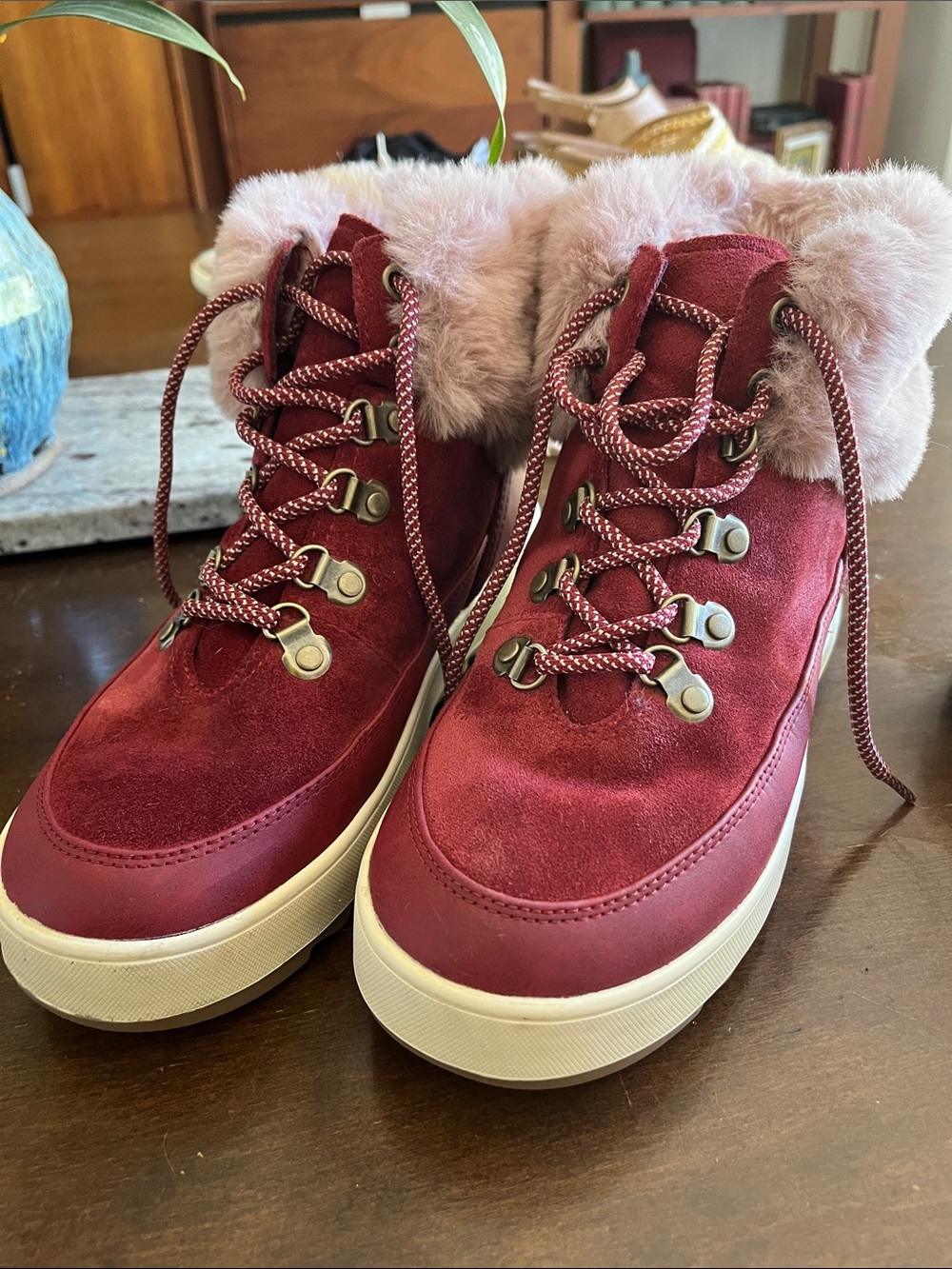 UGG Burgundy Suede Lace-Up Boots with Pink Faux Fur Collar